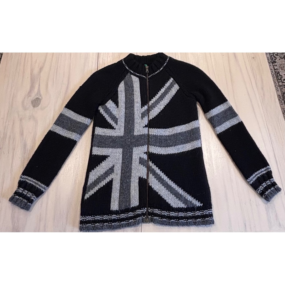 United Colors of Benetton Union Jack Zip Up Sweater Black Gray Britpop Y2K punk